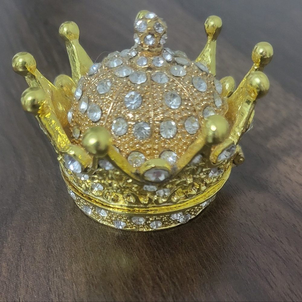 Gold Tone and Silver Tone Jeweled Crown Trinket Box